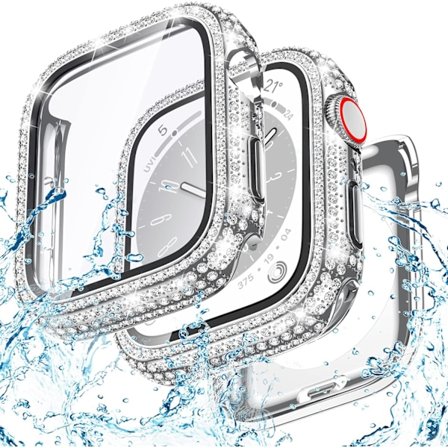 Goton 2 i 1 Vedenpitävä Bling Kotelo Apple Watch 40mm Näytönsuoja SE (2. sukupolvi) Series 6 5 4, Täysi Glitter Timantti Strassi Puskuri Etukansi