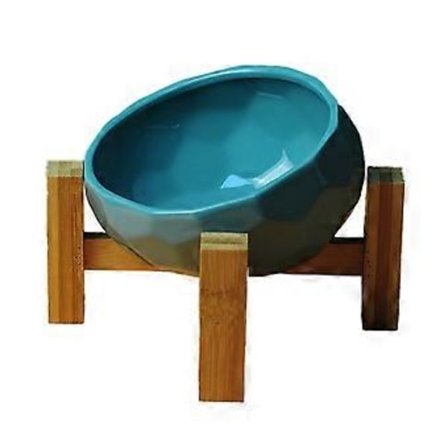 Högfotad lutande anti-vältskål för husdjur, träram, keramisk skål för att skydda halskotan (gråblå)