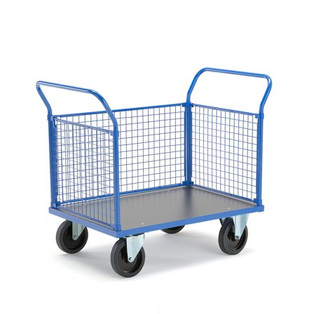 Platform trolley TRANSFER, 3 mesh sides, 1000x700 mm, elastic rubber, with brakes