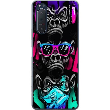 Kompatibelt Mobilskal till Sony Sony Xperia 5 II Graffitimotiv med tre apor - Hör inget, ser inget, säger inget i neonfärger