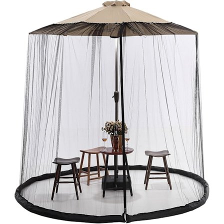 Säädettävä hyttysverkko aurinkovarjoon, puutarhapöydän hyttysverkko, jossa 2 vetoketjuovea, täytettävä pohja, 300 cm x 230 cm, musta