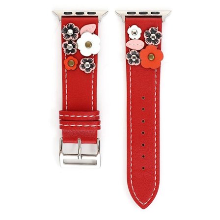 Apple Watch Series 5 44mm klockarmband i äkta läder med blomsterdekor - Röd