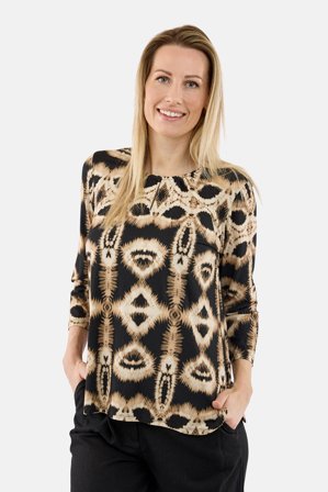 SIGNATURE - 3/4 Ærmet T-shirt - Sort / Beige - Nøglehulsudskæring