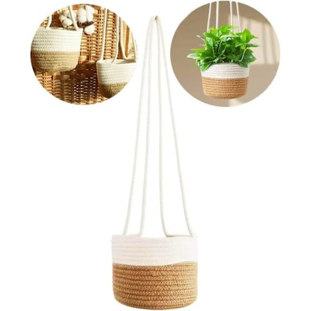 Veggmontert blomsterpotte i bomullsrep, 71 cm, plantekurv for tak, innendørs/utendørs, blomsterpotteoppbevaring, henger