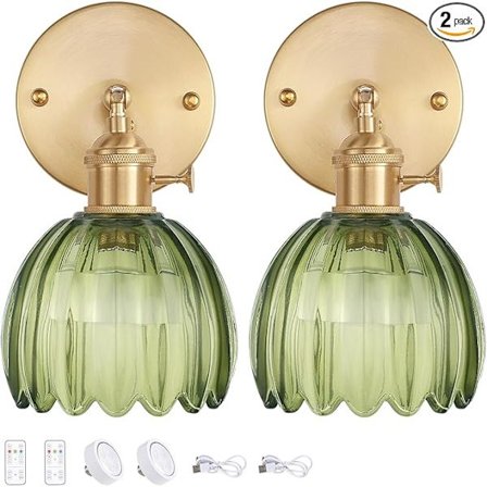 Vintage Batteridriven Vägglampa med Grön Tulpan Glasskärm Uppladdningsbar Batteridriven Vägglampa med Fjärrkontroll för Sängbord