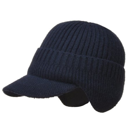 Herre Vinter Visor Beanie Hat med Øreklaffer Strikket Baseball Cap med Bremskjerm Ski Hat Varm Fleece Foret Jakthatte Marineblå