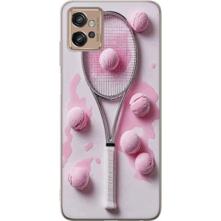 Kompatibel Mobilcover til Motorola Motorola Moto G32 Rosa glaskugler og tennisketsjer i et kreativt stillbillede med legende popfølelse og moderne de