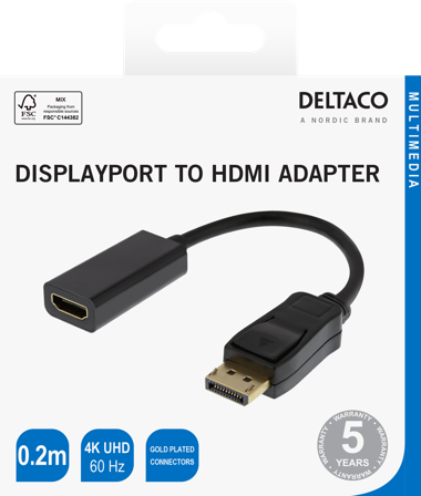 Deltaco HDMI - DisplayPort adapter, 4K UHD 60Hz, 0.2m, black