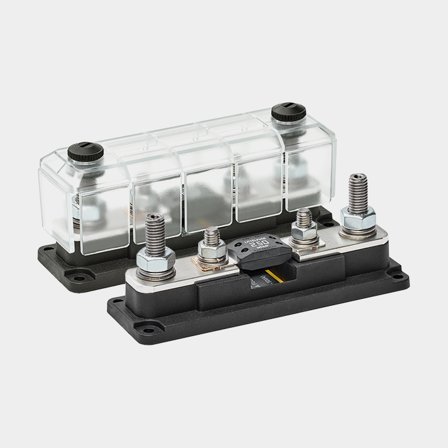 Portafusibili TBS Electronics DCM Mega Fuseholder, per 1 fusibile a lama, con punti di connessione extra per cavi, M8, 60 V, 500 A