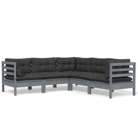 Vidaxl Loungegrupp Med Dynor 5 Delar Grå Massiv Furu Grå