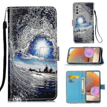 Kompatibel med Samsung Galaxy A32 5g Etui Læder Flip Wallet Cover med Kort Slot Holder Støttefod Mønster - Bølger og Sol