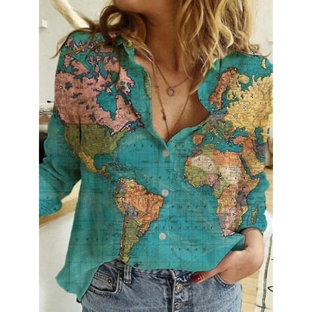 Dame Verdens Kart Bomull Lin Ensfarget Bluse Topper Løse Langermet T-skjorte