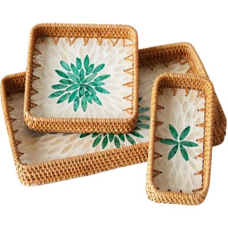 Sæt med 3 stk. 15 tommer rattan vævet serveringsbakke kurv med håndtag, boho wicker sofabord indretning serveringsbakke, håndlavet display kurv