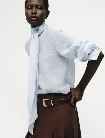 Mango Textured Blouse With Foulard - Blue - M