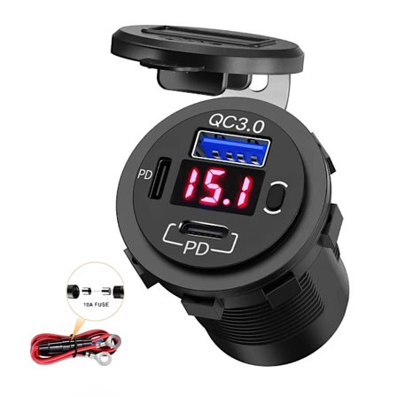 58W USB-billader for bil, 3 porter, 12/24V USB-uttak, dobbel PD & QC3.0 hurtigladeadapter med voltmeterbryter for bil, bobil, marine