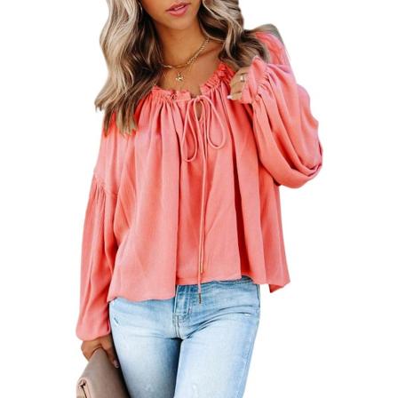 ivimos Dam höst långärmad V-ringning fram knuten volang krage casual bomull blus toppar korallrosa liten