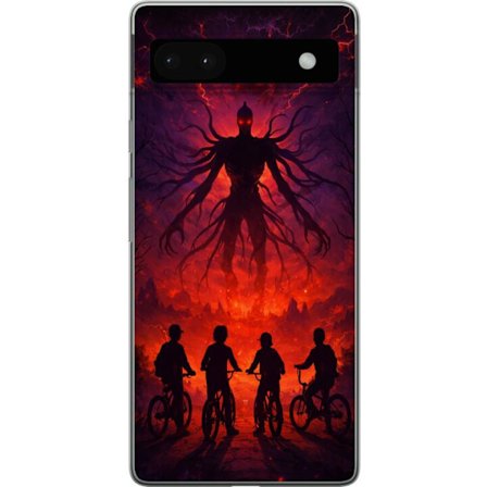 Kompatibelt Mobilskal till Google Google Pixel 6a Mörk fantasyillustration inspirerad av Stranger Things med övernaturlig varelse, blixtar och cykla