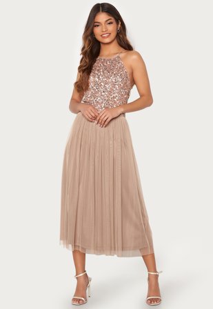 AngelEye - High Neck Sequin Midi Dress - Taupe - Kläder - - Bubbleroom