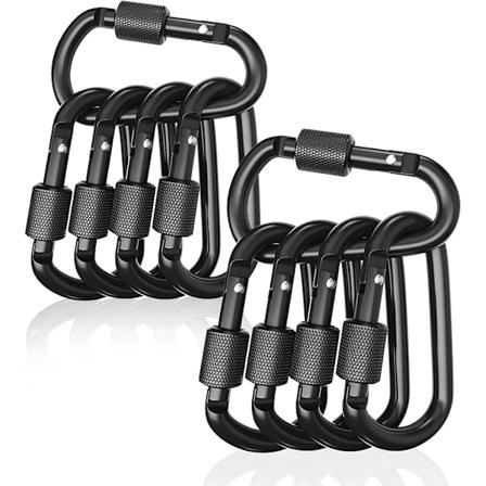 Sorte låsbare karabinkroker i aluminium, 10-pakning, for camping, fiske, fotturer og nøkkelring