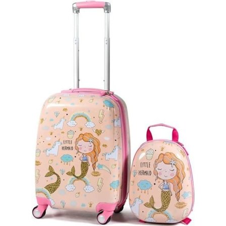 COSTWAY børnekuffert på hjul 16'' + 12'' rygsæk børnebagagesæt med havfruemønster til piger Pink