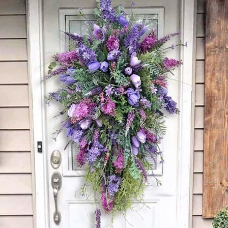 Lila Blommig Droppkrans - Konstgjord Tulpan & Lavendel Swag för Ytterdörr, Vår/Sommar Heminredning