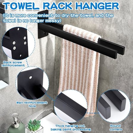 Svart håndkleholder, selvklebende håndkleholdere i rustfritt stål