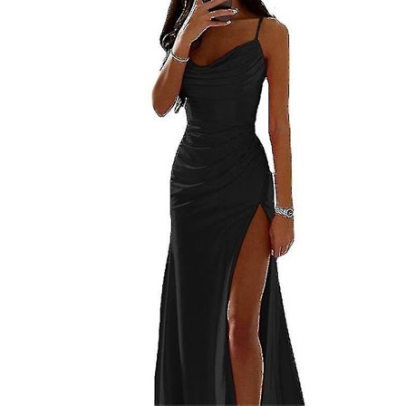 Dame Lange Maxikjoler med Kuvertformet Halsudskæring, Aftenkjole Uden Ærmer, Satinkjole til Fest og Hverdag Black