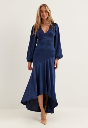 Goddiva - Satin Balloon Sleeve High Low - Navy