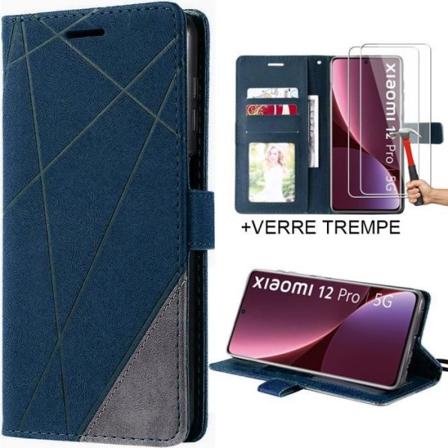 Fodral för Xiaomi 12 Pro + 2 härdade glasögon, plånbok i hel lädereffekt Marinblå