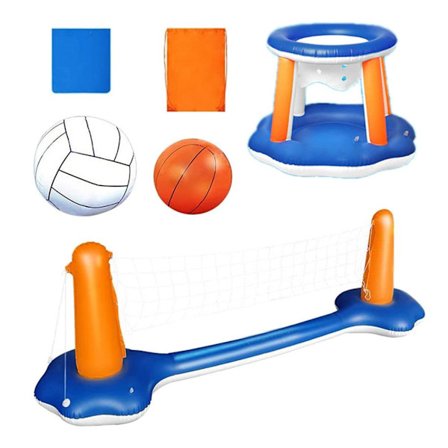 Oppblåsbart bassengflytende sett volleyballnett og basketballkurver flytende basseng svømming spill leker for barn og voksne vannsportsett