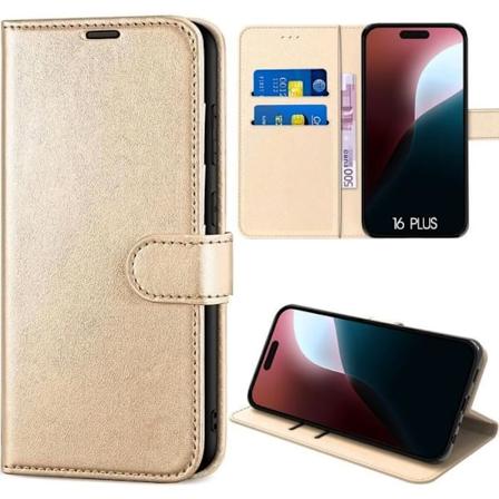 Cover til iPhone 16 Plus, Anti-ridsekortholder 360 graders beskyttelse PU læder guld