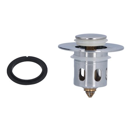 Afløbsventil til vask i rustfrit stål med trykknap og filter