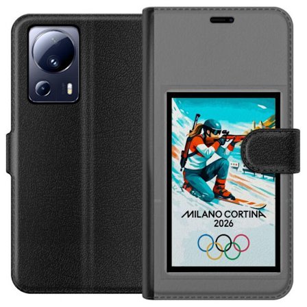 Kompatibelt Lommeboketui til Xiaomi 13 Lite Retroplakat Cortina Milano 2026 med fjell, vintersportsutøvere, italienske trikolor, Milano-katedralen og