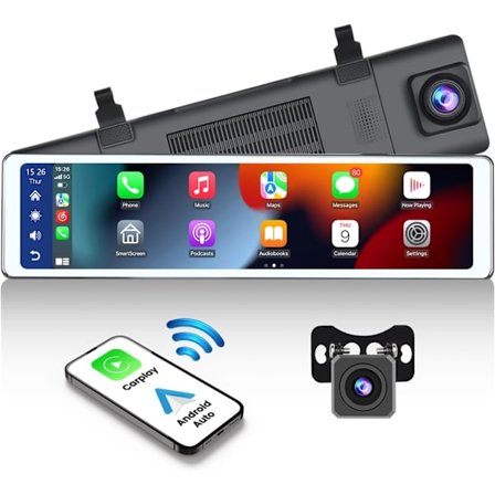 Spejl Dash Cam med trådløs CarPlay Android Auto, 1080P forreste og bageste dobbelte Dash-kameraer til biler, lastbiler, 11,26 '' IPS Touch Scree