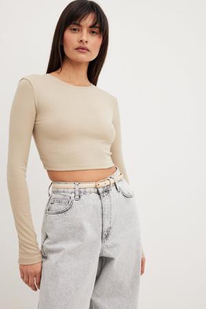NA-KD Basic Haut court côtelé à manches longues - Tops manches longues - Beige - Large