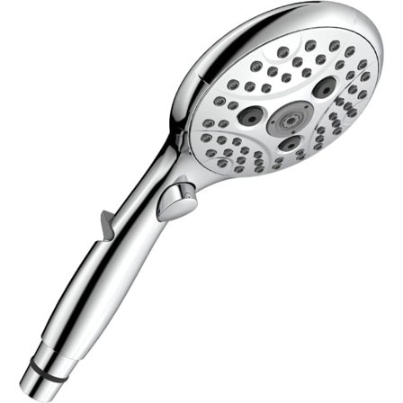 Brusehoved med vandstopknap, håndbruser 7,3 l/min med 6 sprayindstillinger, tænd/sluk-knap, universel vandbesparende, krom