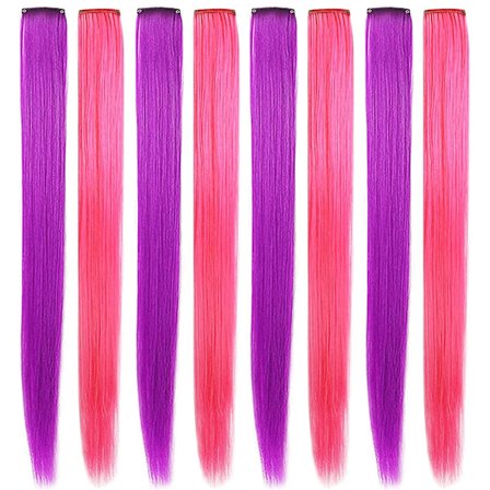 Vaaleanpunaiset ja violetit hiuslisäkkeet teini-ikäisille - suorat, kiinnikkeelliset värilliset hiustenpidennykset tytöille (violetti, vaaleanpunainen