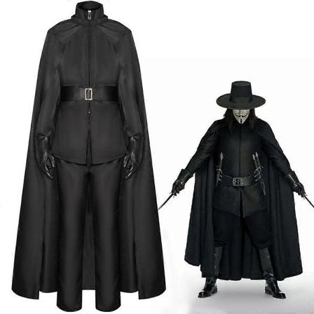 V for Vendetta Cosplay Kostume Herre Sort Kappe Cape Outfit med Handsker Hat Maske til Halloween Karneval Comic Con Sceneoptræden
