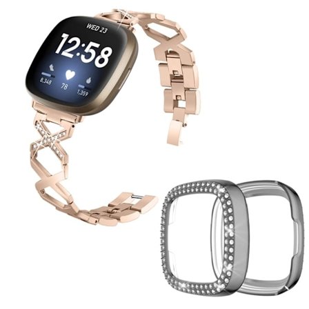 Fitbit Sense / Versa 3 X-formad med strassdekorerat klockarmband med grått fodral - Guld