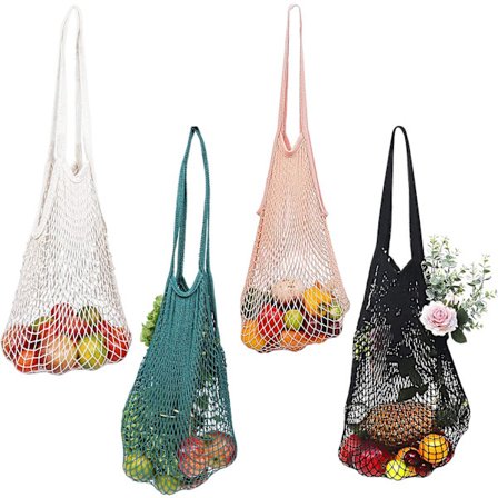 Mesh Shopping Net (4-pack) - Cotton bag with handles - Portable, reusable and washable shopping net - Fruit, vegetables, groceries and beach