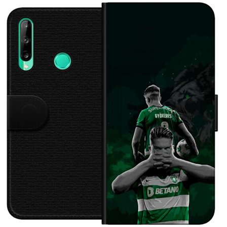 Yhteensopiva Lompakkokotelo Huawei P40 lite E Neonmotiivi, jossa teksti "Gaming is in my DNA" sinisenä ja punaisena tiiliseinällä, jossa loistava DNA-