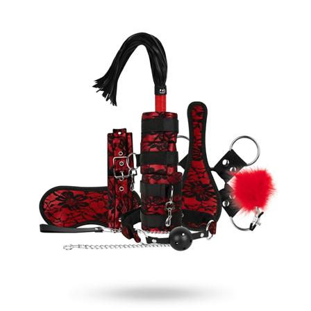Lace & Leather Look 8-pcs Bondage Set - Vuxen.se - Bondage kit, BDSM leksaker i set, BDSM bondage leksaker