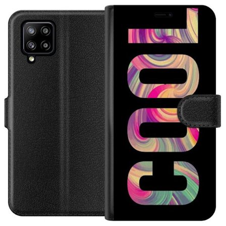 Kompatibelt Plånboksfodral till Samsung Samsung Galaxy A42 5G Modern typografisk konst med ordet LOVE i flytande regnbågsfärger mot svart bakgrund