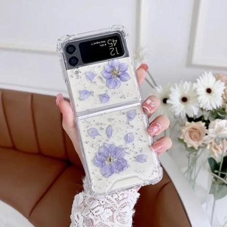 Samsung Galaxy Z FLIP 3 - läpinäkyvä kuori, jossa kuivattuja kuk Blue one size