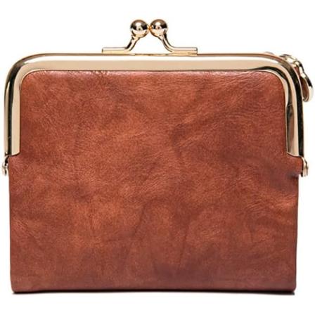 Plånbok för kvinnor Klämspänne Vintage liten storlek Söt läderplånbok med ficka med dragkedja, kort plånbok för damer Kompakt koppling (brun)