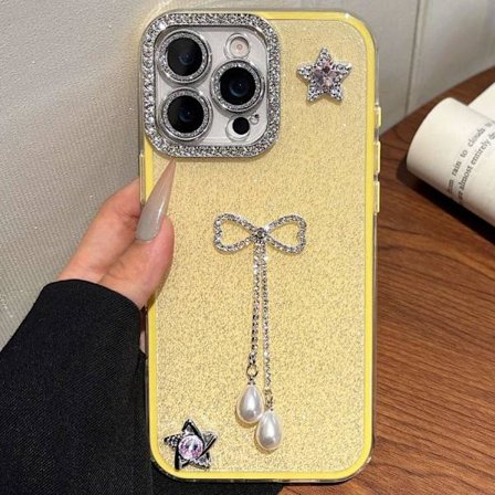 iPhone 16 Pro Skal med Solid Färg Glitter Pulver och Rhinestone Fringed Design