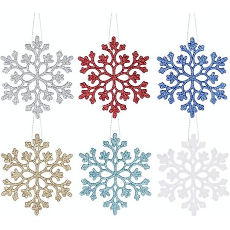 36 Snöflingor Dekoration 6 Färger Jul Snöflingor I Plast Skaft Hängande Jul Färgade Dekorationer Av Julgran, 10 Cm
