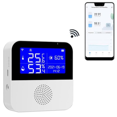 WiFi Temperatur- och Luftfuktighetsmätare, Trådlös Digital Termometer Hygrometer med LCD-Display, Summerlarm & App-varning