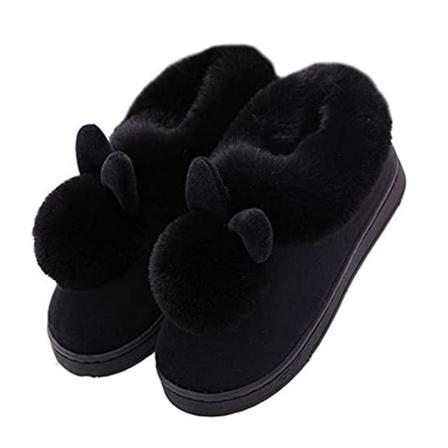 Tofflor med långa öron, varma tofflor för kvinnor, bomullsskor (storlek 37-38) Black size37-38