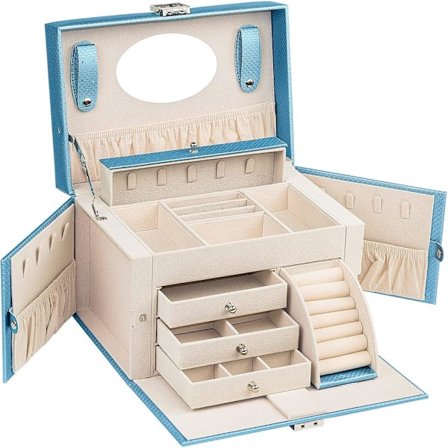 Stor låsbar smykkeskrin med speil i 5 nivåer for ringer, øredobber, halskjeder og armbånd - Champagneblå